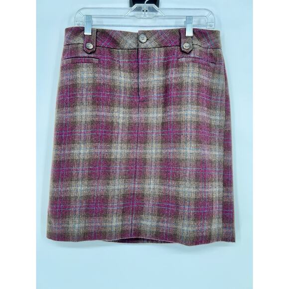 Eddie Bauer Dresses & Skirts - Eddie Bauer Women’s Burgundy Brown Plaid Wool Blend Pencil Skirt Academia 8 Tall